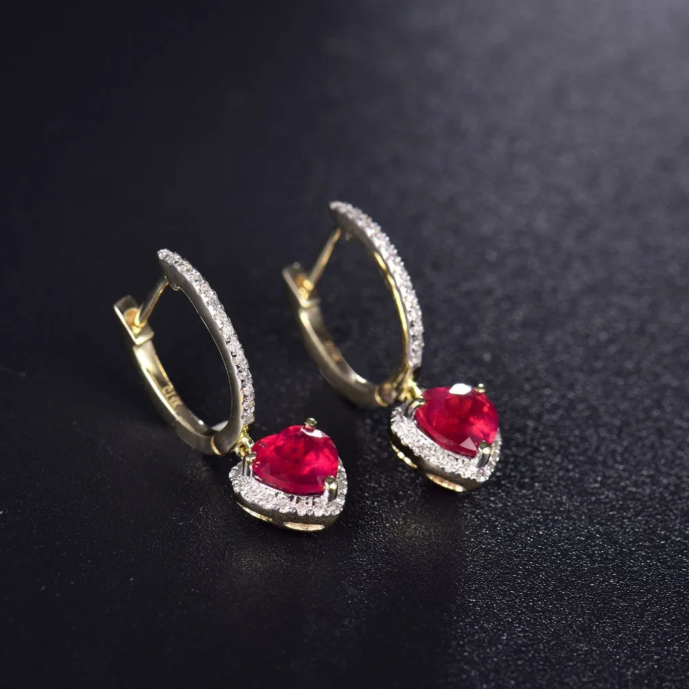 LOVERJEWELRY, Женские Ювелирные изделия, серьги-гвоздики, Ретро стиль, сердце, 6x6 мм, 14 к, желтое золото, бриллиант, модный подарок, красный рубин, серьги