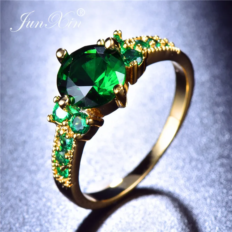 Green Ring JUNXIN многоцветный циркон кольца с камнем рождения для женщин мужчин желтого золота заполнены круглый фиолетовый синий обручальное кольцо из кубического циркония женский - Цвет основного камня: Green Ring