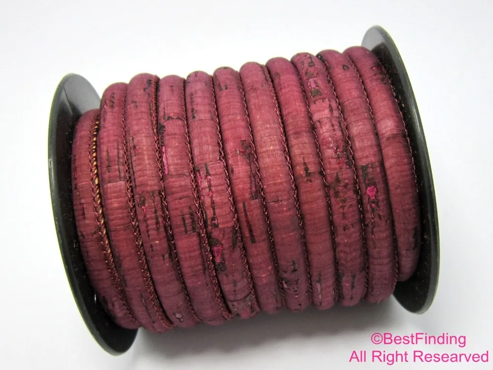 

1meter 6mm Cork leather cord Stitched amaranth Round Portuguese cork