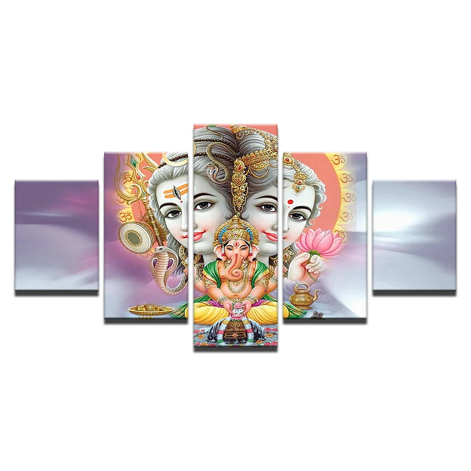 HD печать 5 шт. Холст Настенная картина Shiva Parvati Ganesh Современный домашний декор для