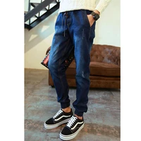 wholesale 2020 denim jeans men cuffed leg pants teenagers elastic waist drawstring ninth pants boys hip hop harem pants 27 34