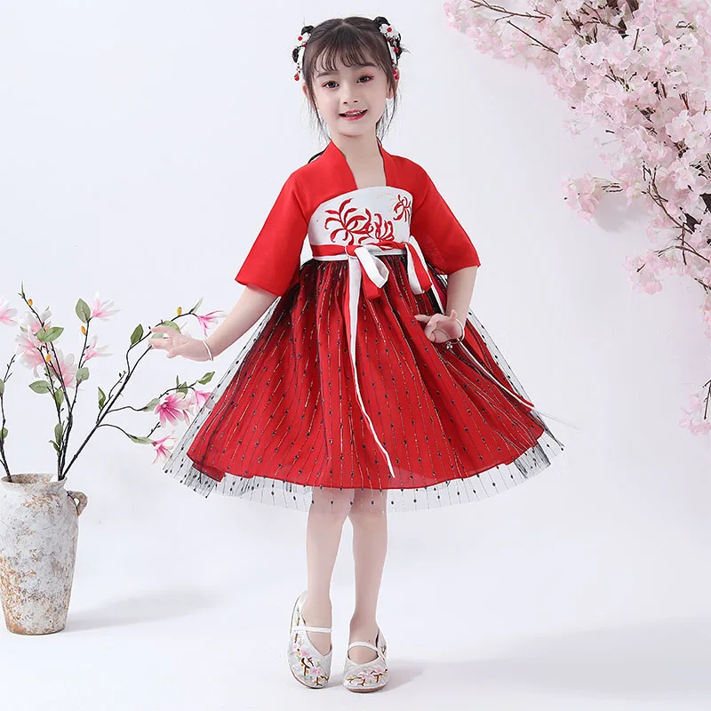 Red Hanfu/костюм для девочек летняя одежда с короткими рукавами в китайском стиле традиционное платье в китайском стиле детская Одежда для танцев в народном стиле DQL897 - Цвет: Red