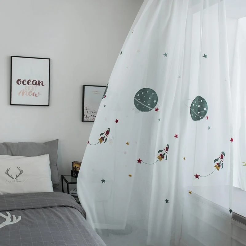 

Outer Space Blackout Curtains For Children Room Cartoon Embroidered White Curtains For Bedroom High Density Textile Window Panel