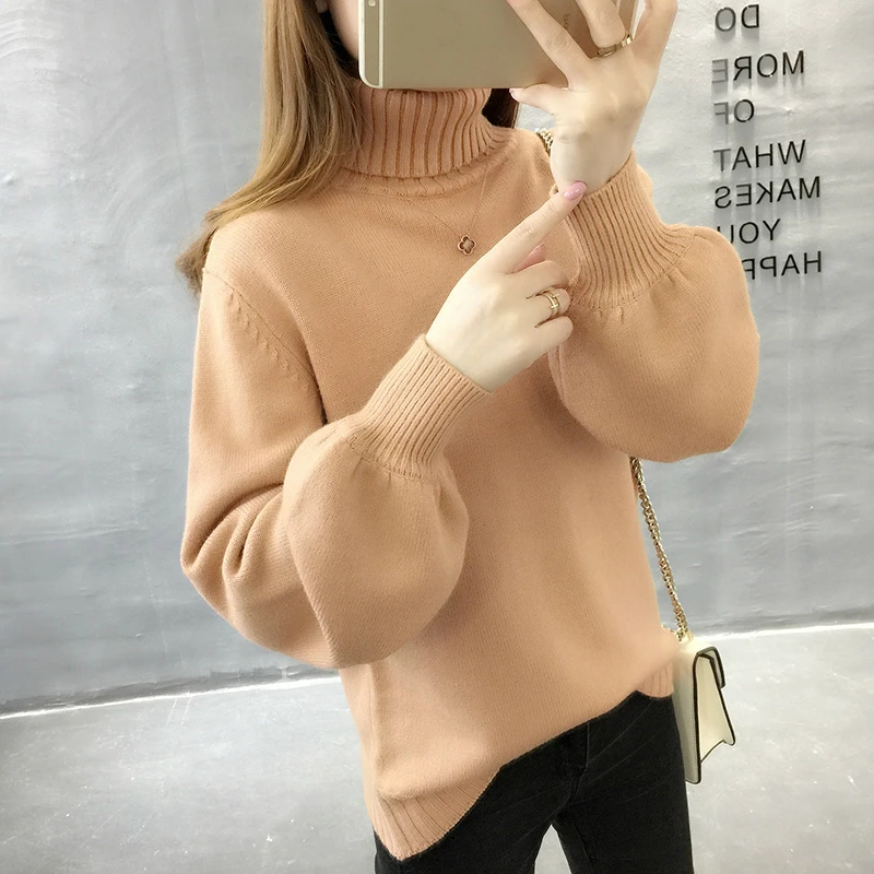 PEONFLY Turtleneck Blue Green Winter Sweater Women Knit Lantern Sleeve Female Loose Oversize Pullover Knitted Jumper | Женская одежда