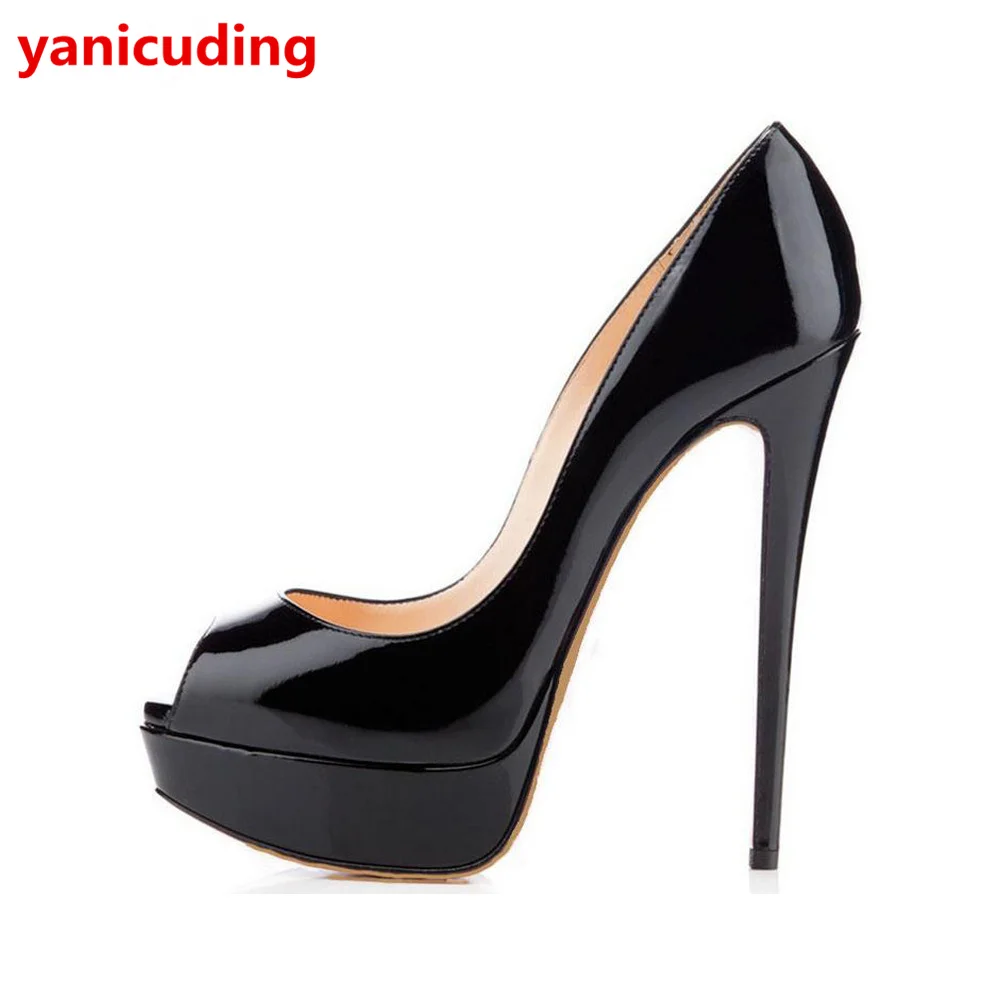 Женские туфли лодочки из лакированной кожи с открытым носком на высоком тонком