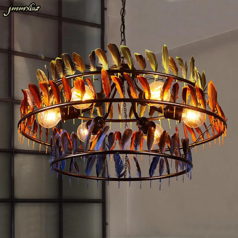 

Vintage iron chandeliers industrial style decoration restaurant bar nostalgia clothing store personality creative feather lamps