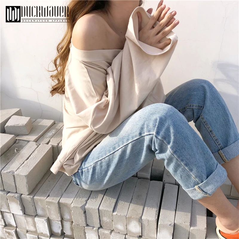 Duckwaver 2019 новый стиль модная женская Однотонная футболка с вырезом лодочкой рукав