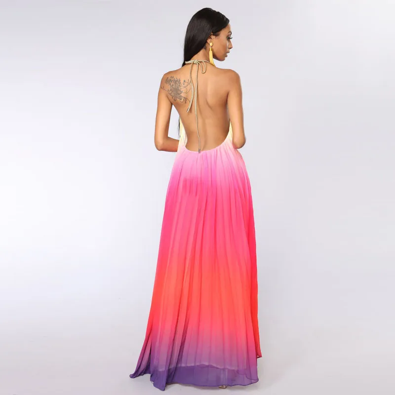 

Summer Long Maxi Dress A Line Pleated Women Backless Sexy Beach Strap Dresses Vintage Vestidos Droppshiping Boho Dress