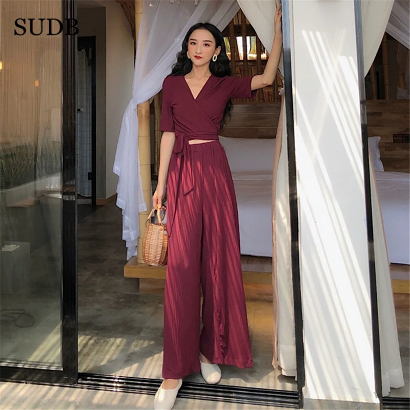 SUDB Two Piece Set Top And Pants Crop Wide Leg 2 Sets Women Tracksuits Outfits Trousers | Женская одежда