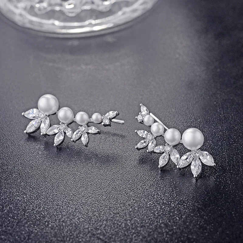HFYK 2019 Leaves cubic zirconia pearl stud earrings for women party wedding jewelry brincos pendientes earing orecchini | Украшения и