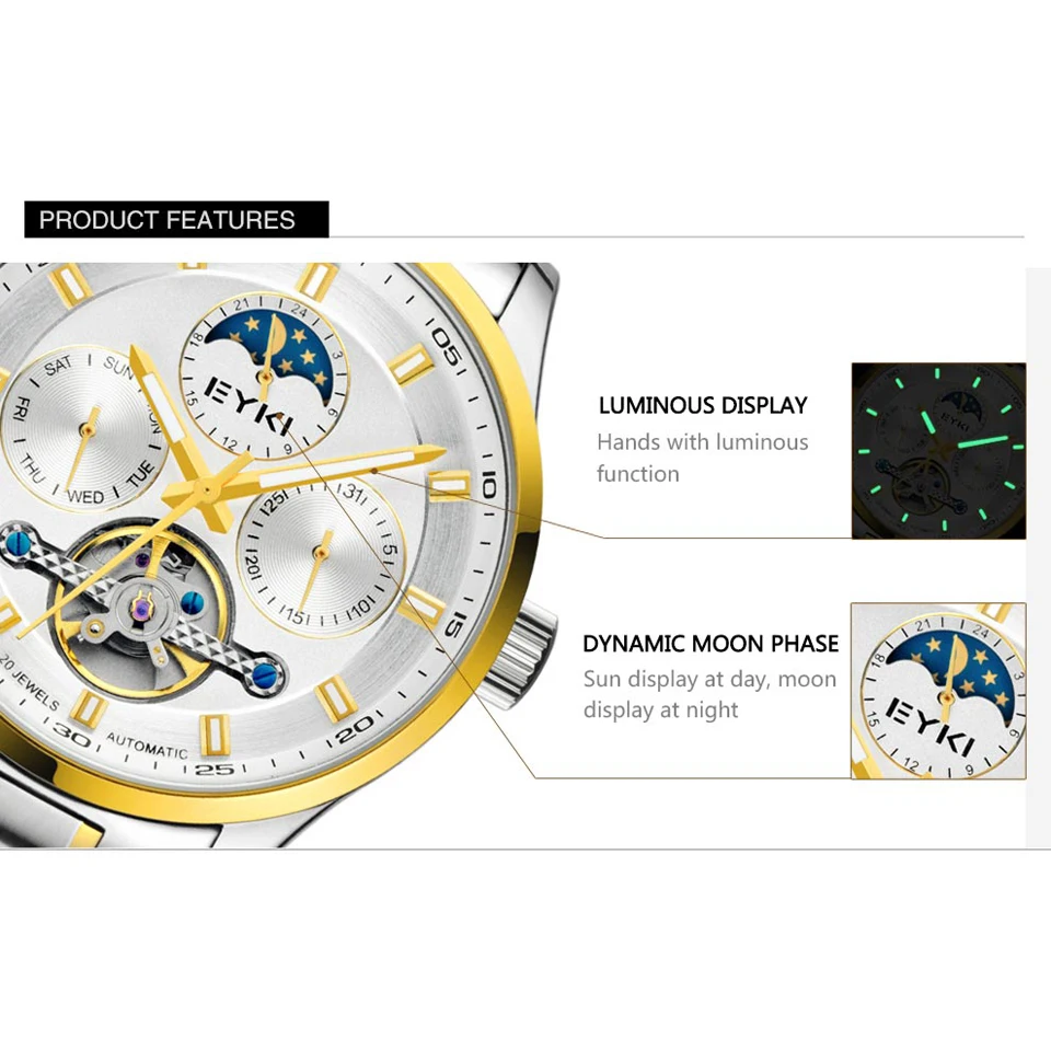Мужские механические часы EYKI из нержавеющей стали с подсветкой и календарем |