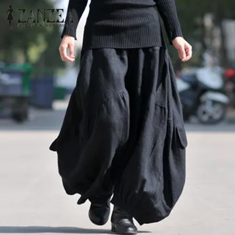 Женские брюки-карго ZANZEA с высокой эластичной талией, Свободные мешковатые штаны-фонарики, однотонные хлопковые льняные длинные широкие брюки большого размера, 2023