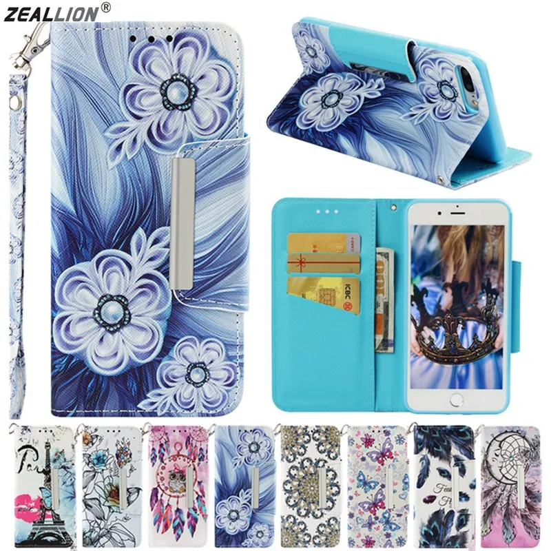 Чехол книжка ZEALLION для iPhone 6 6s 7 8 Plus X XR XS Max с рисунком и кожаными отделениями карт