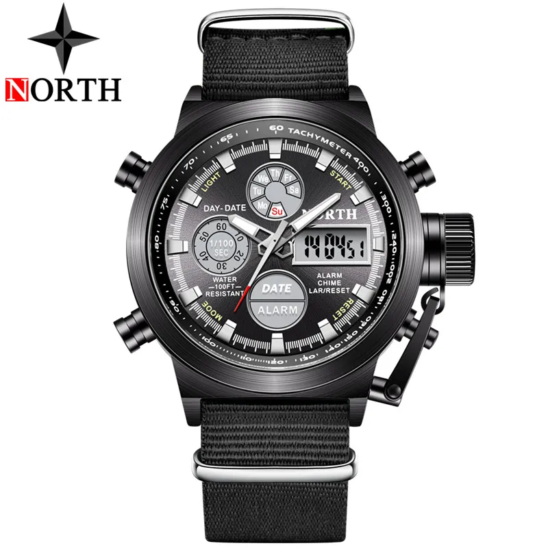 NL Black Black NORTH спортивные часы мужские военные кварцевые часы для мужчин аналоговые светодиодные цифровые кожаные нейлоновые мужские часы повседневные водонепроницаемые наручные часы - Цвет: NL Black Black