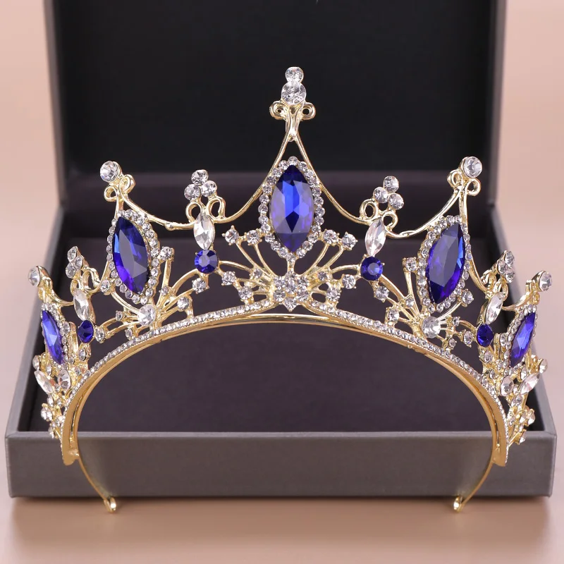 

Gold Women Hair Jewelry Blue Crystal Rhinestone Diadems Vintage Tiaras And Crowns Queen Princess Wedding Hair Accessories Gifts