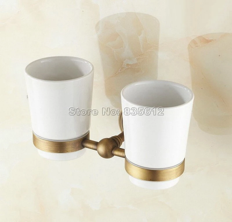 Antique Brass Toothbrush Holder with Two Ceramic Cups Wall Mounted Wba033a | Обустройство дома