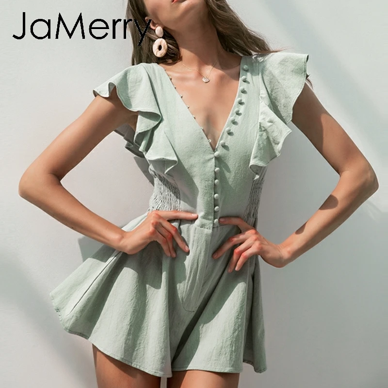 JaMerry винтажный элегантный льняной женский комбинезон с рюшами летний короткий на