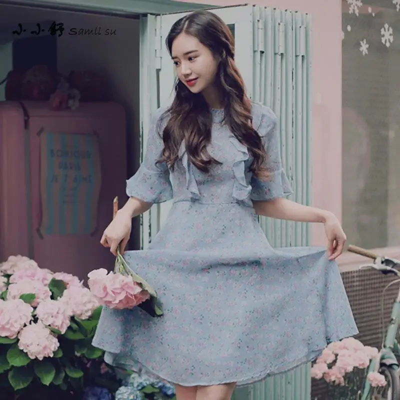 Женское пляжное платье с принтом летнее шифоновое круглым вырезом большого