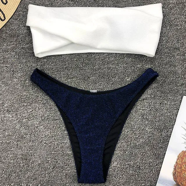 B630Blue Сексуальное блестящее бикини-бандо, Женский бразильский купальник, женский купальник, комплект бикини из двух предметов, купальный костюм - Цвет: B630Blue