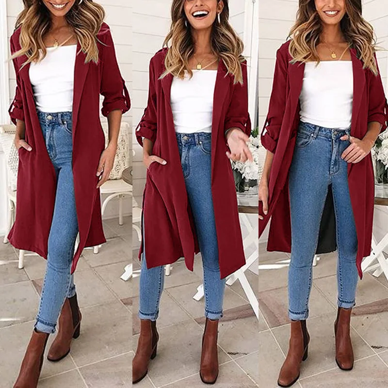 

Women Autumn Coats Long Sleeve Turn-down Collar Button Solid Straight Slim Split Trench Female Cardigan Casual Coat 6Q1876