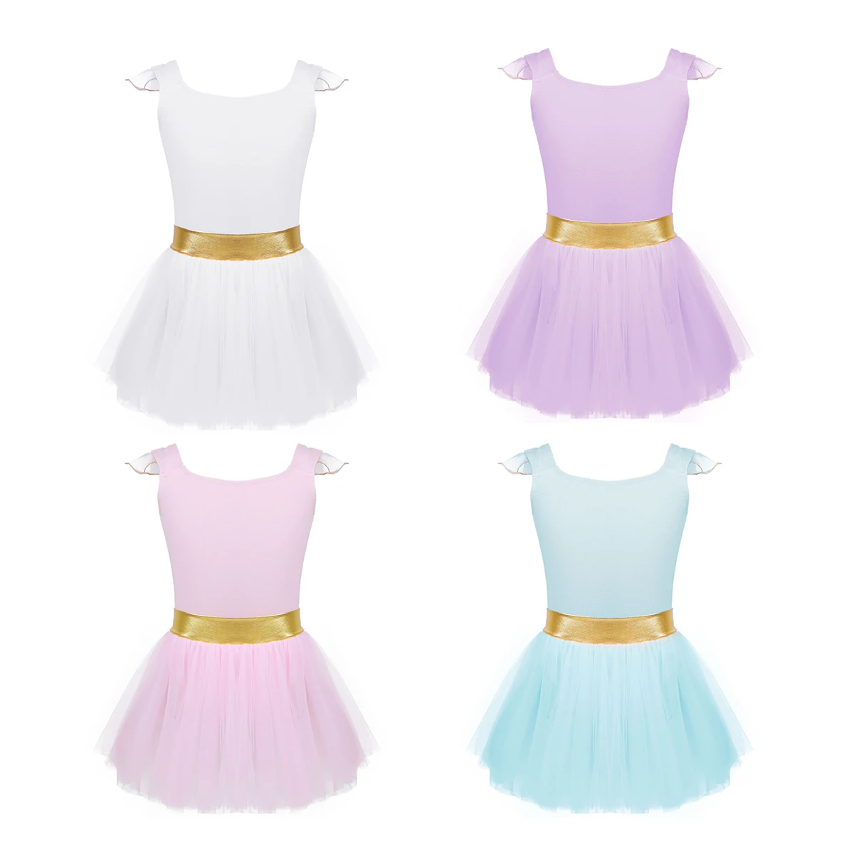 Toddler Little Mesh Flying Sleeves Ballet Dress Costume Leotards for Girls Gold Waist Dance Gymnastics Leotard Tutu | Детская одежда и