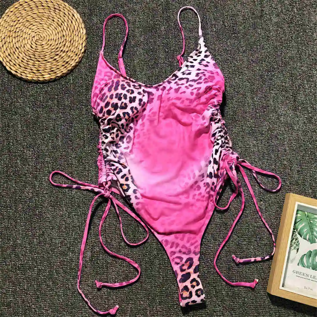 Pink Leopard 4 цвета,, женская одежда для плавания, на шнуровке, стринги, Цельный купальник, женский купальный костюм с подкладкой, купальный костюм, V1381 - Цвет: Pink Leopard