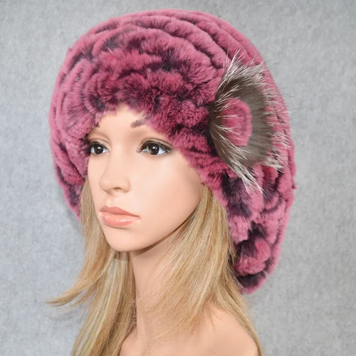 pink Новинка, Дамский берет, шапка s, вязаная, настоящий мех кролика, шапка бини, женские зимние шапки из меха кролика Рекс,, настоящий мех кролика, шапка - Цвет: pink