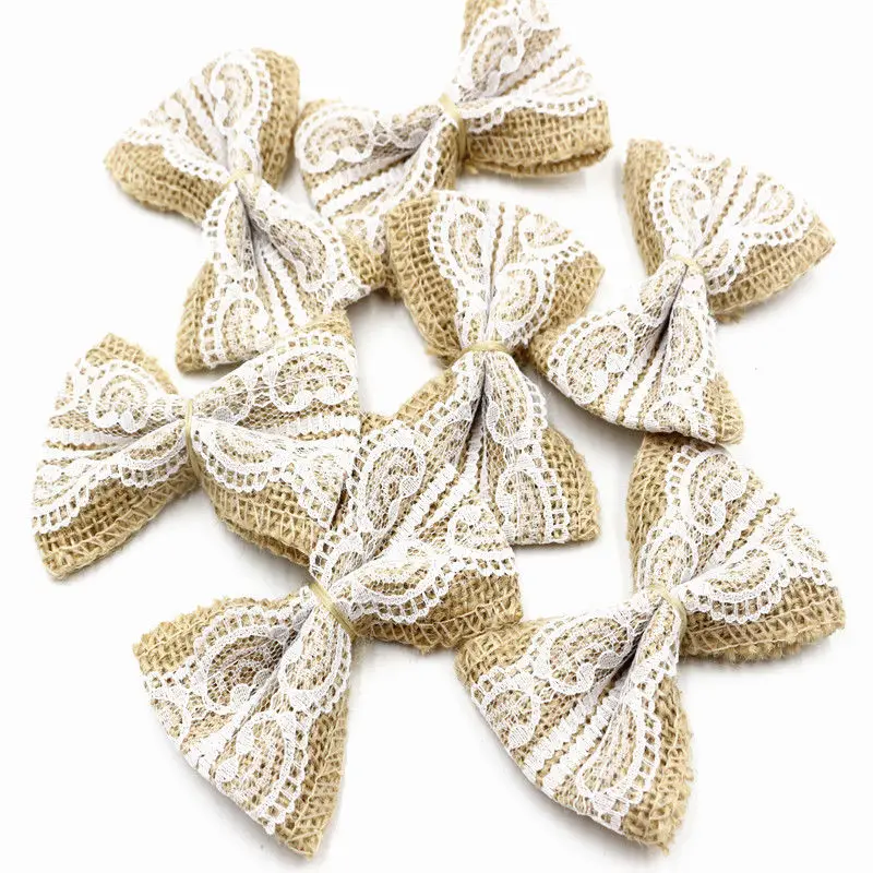 

10 pieces /pack Hessian Burlap Lace Bows Embellishments Chic Christmas Tree Rustic Wedding Craft DIY favros for free shipping