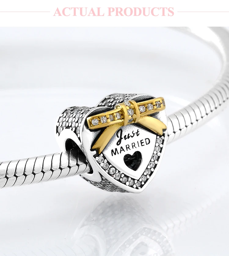 Новинка, 925 пробы, Silve yellowr, бант, для свадьбы, в форме сердца, CZ бусины, подходят к оригиналу Pandora, очаровательный браслет, ювелирное изделие