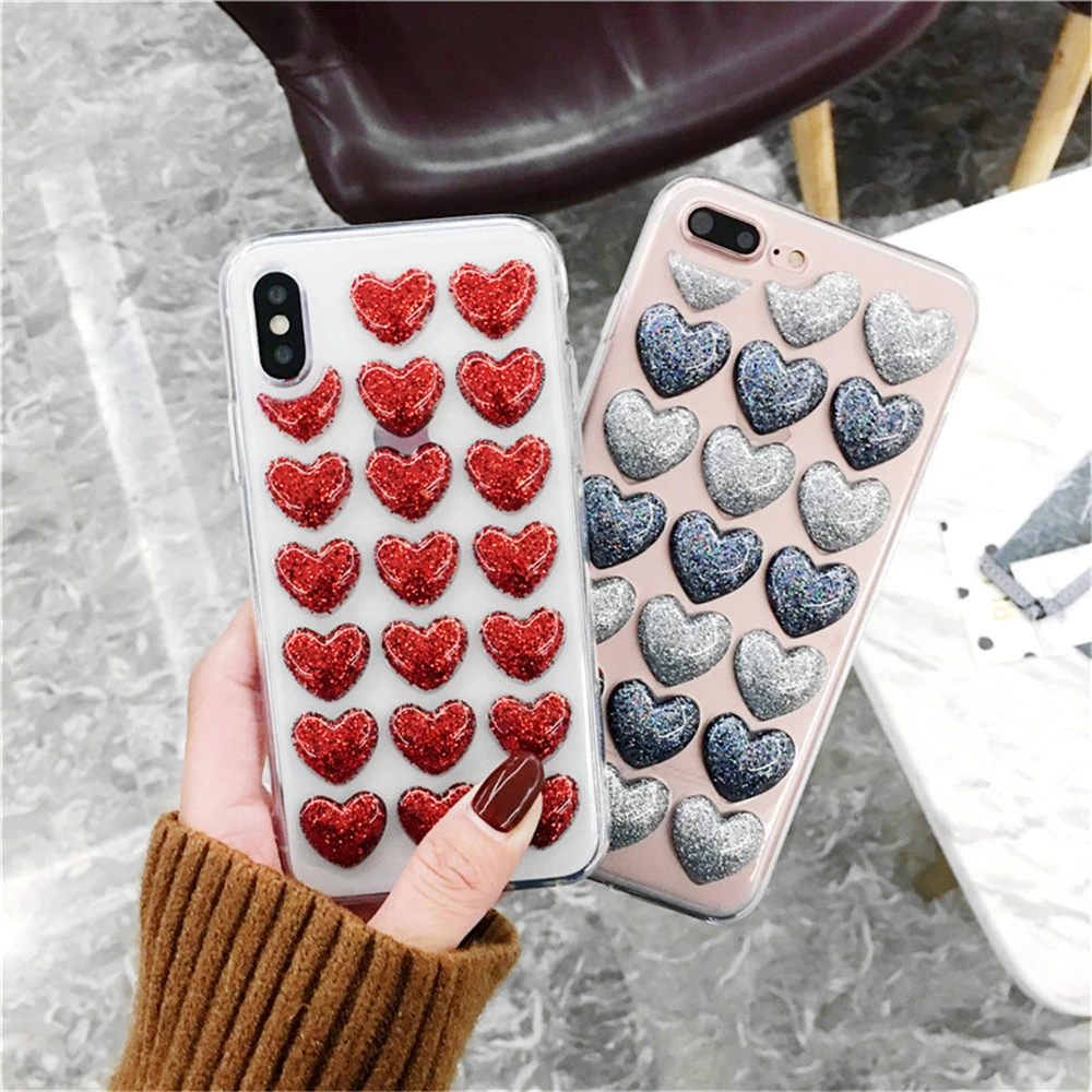 3D Блеск порошок Love Hearts мягкие кремния ТПУ прозрачный чехол телефона чехлы для iPhone