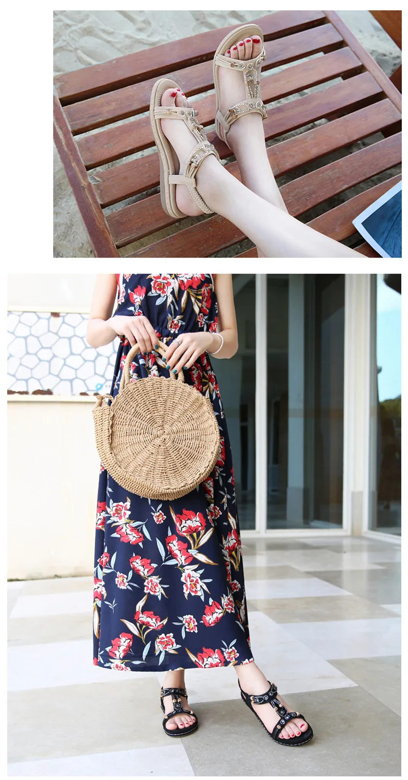 MVVJKE Women Sandals New Flat Sandals Women Summer Bohemia Style Rhinestone Comfortable Beach Shoes Women Plus