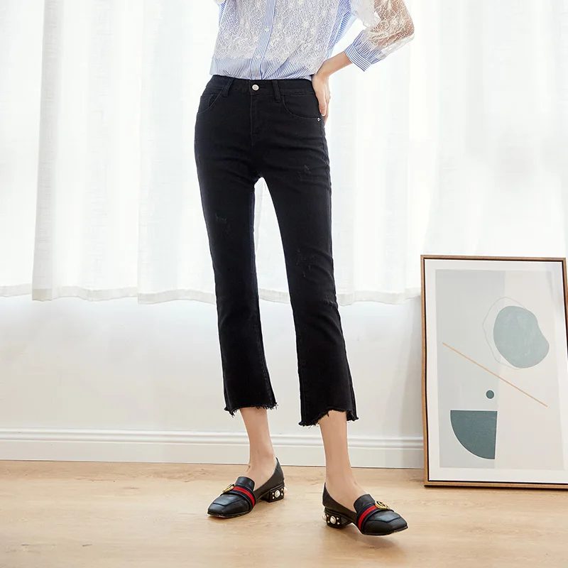 Женские джинсы-капельки LEIJIJEANS черные эластичные брюки до щиколотки со средней