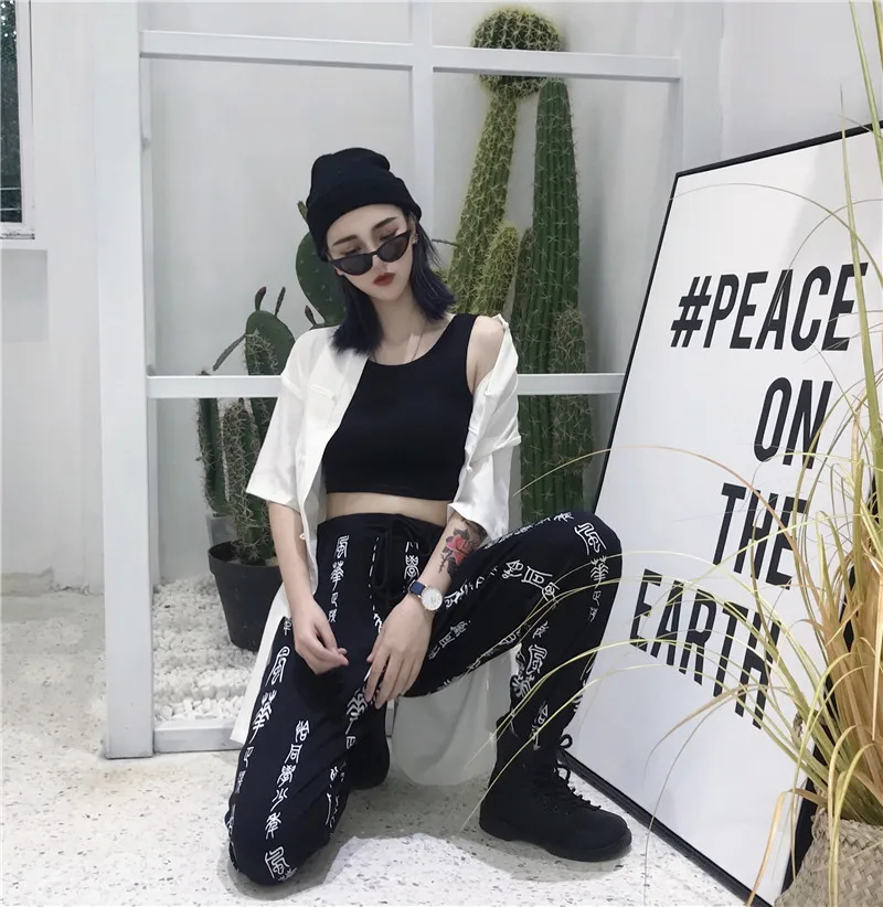 Женская одежда в Корейском стиле ulzzang harajuku BF винтажный принт шаровары Летняя