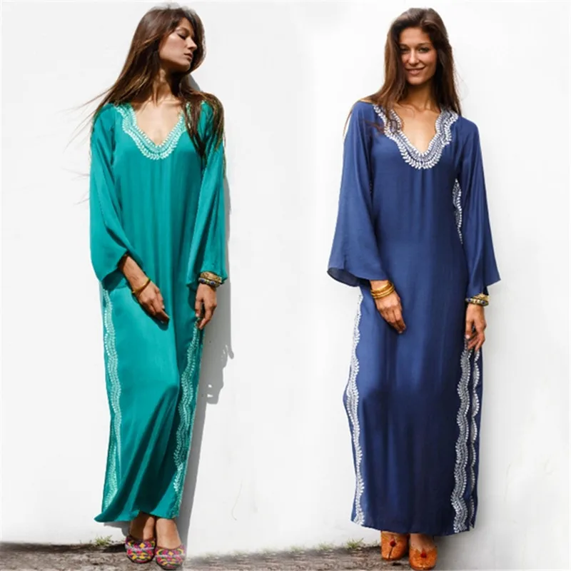 Casual Female Dresses Embroidered Split fork Loose Maxi For Women Beach Wear large size blouse Dress Beachwear Kaftans | Женская одежда