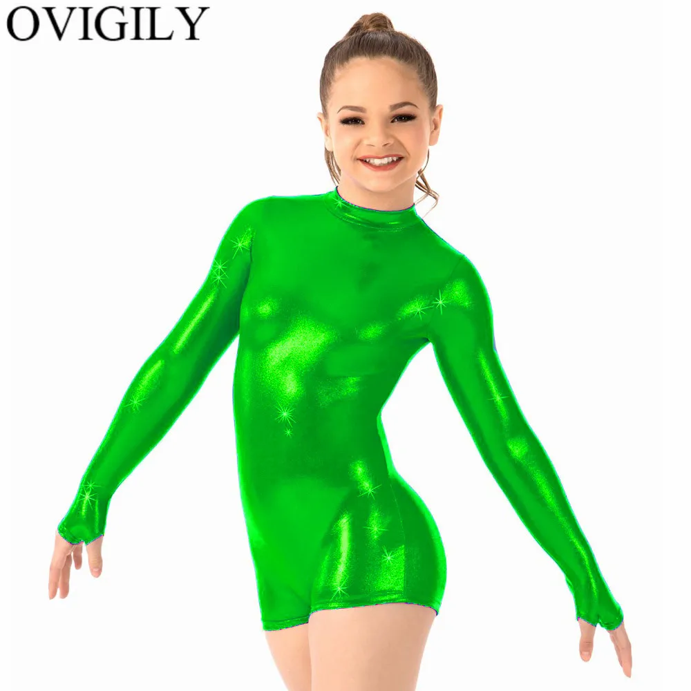 Green OVIGILY/Детские слитные металлические бикетарды с отверстиями для большого пальца; золотые гимнастические трико для девочек; короткие спортивные костюмы; танцевальные костюмы для сцены - Цвет: Green