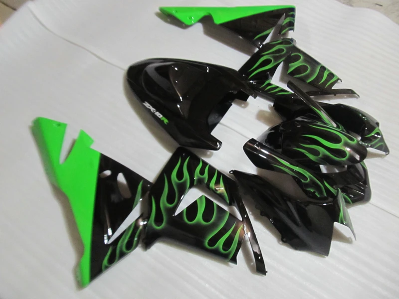 

100% Fit For Kawasaki ZX10R 2004 2005 NINJA Fairing Kit ZX 10R 04 05 Green Flames In Black Plastic Fairings Set SZ20