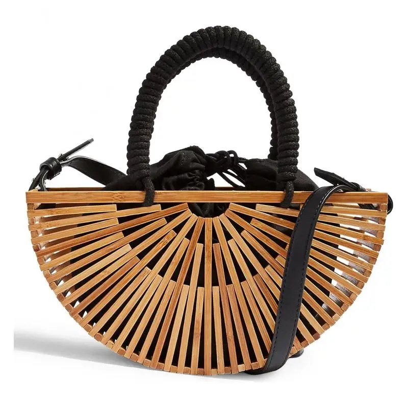 

Beach Half Round Outdoor Women Shoulder Bag Bamboo Wood Bag Basket Hollow Out Hand Bag