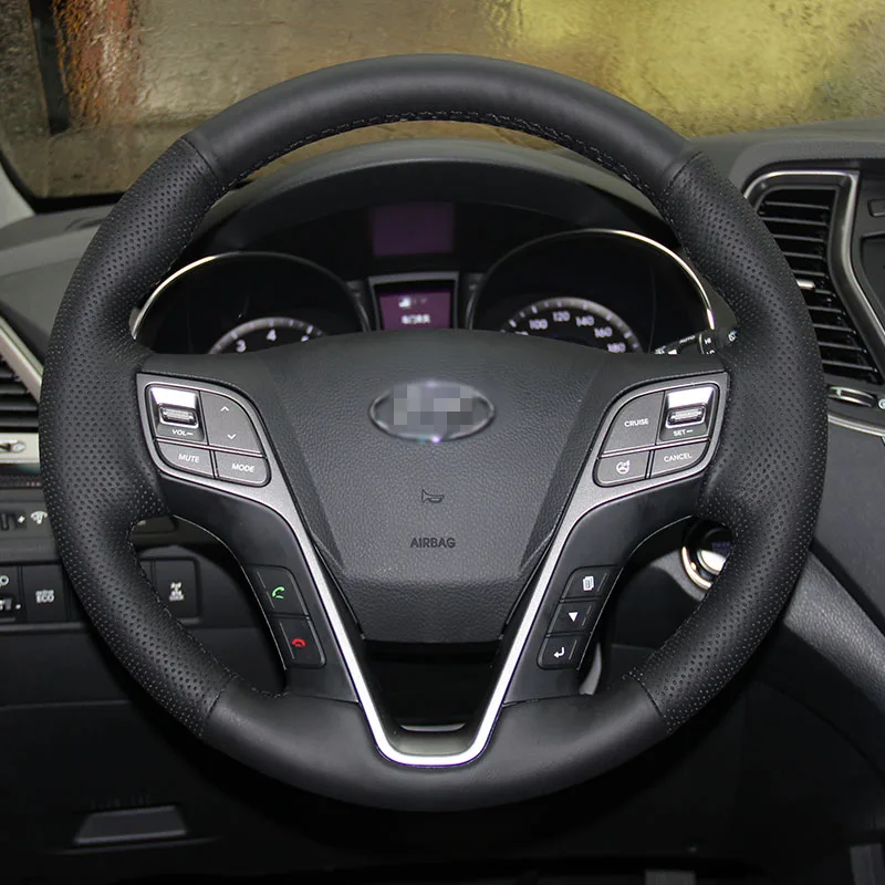 Новинка Противоскользящий черный кожаный чехол на руль для Hyundai Santa Fe 2013|steering wheel