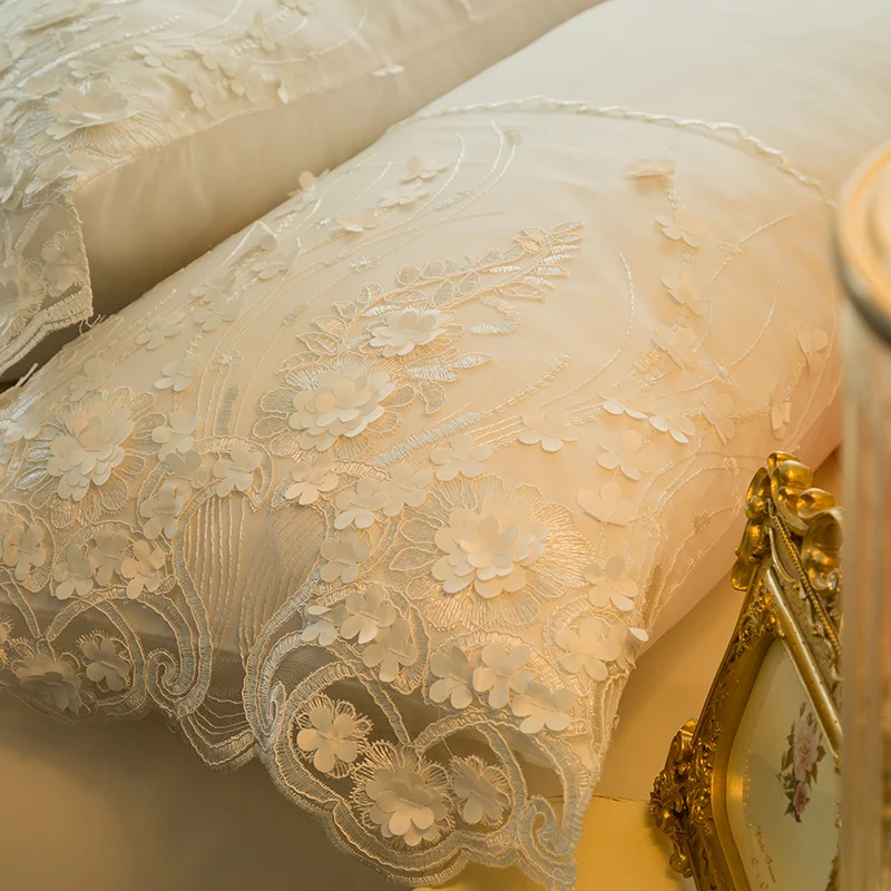

White lace Egyptian Cotton Luxury Wedding Princess Bedding set/Soft Bedclothes 4/7Pcs Queen King size Duvet cover Bed sheet 36