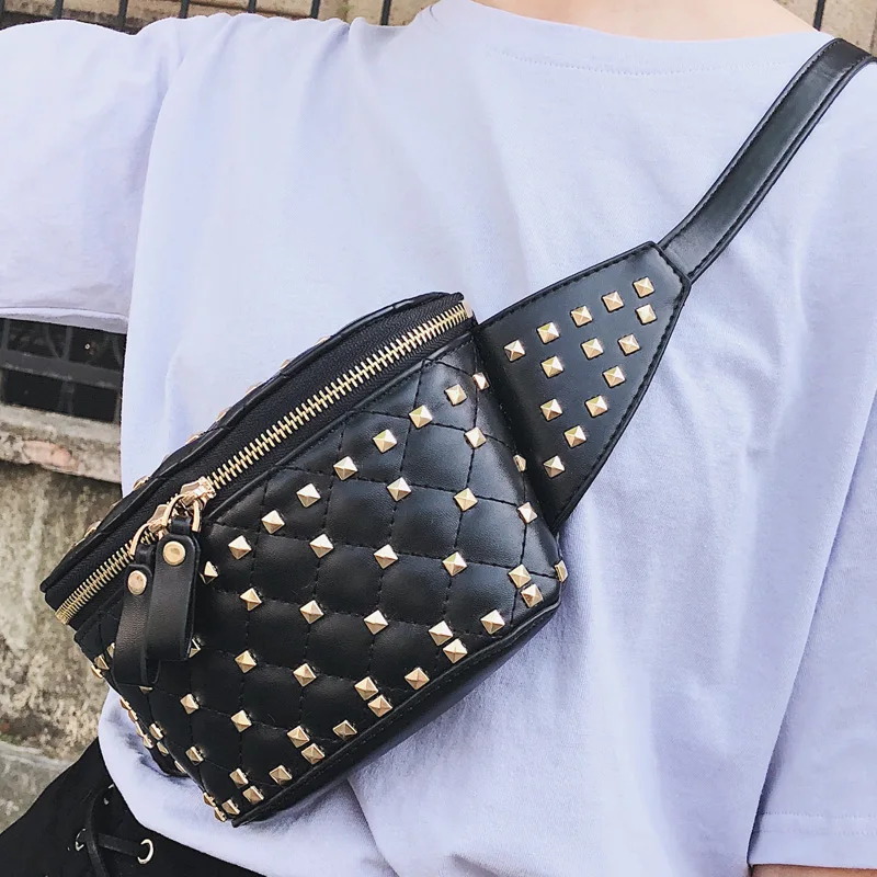 UKQLING Punk Sytle Women Waist Bag Rivet Fanny Pack Over Shoulder Chest Women's Belt Plaid PU Leather Cross Body Purse | Багаж и сумки