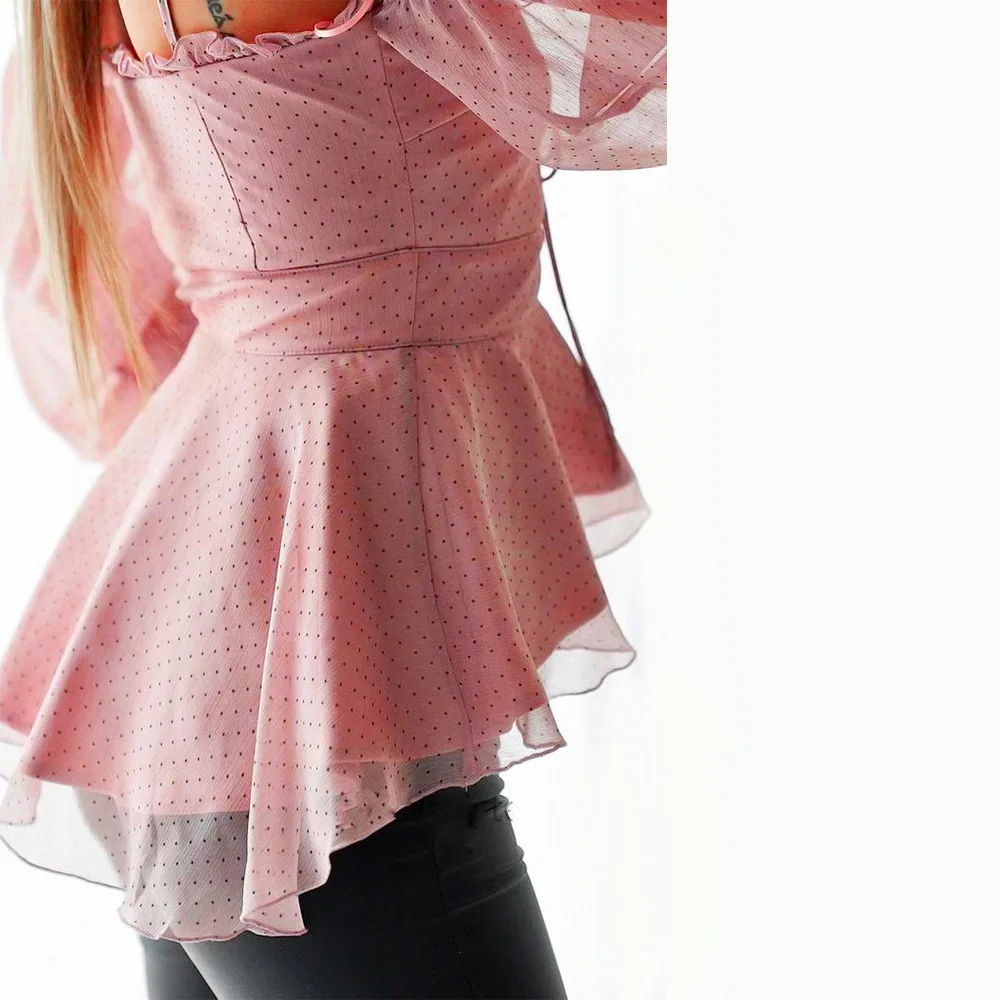 Женская шифоновая блузка в горошек с V-образным вырезом и рукавами-фонариками |