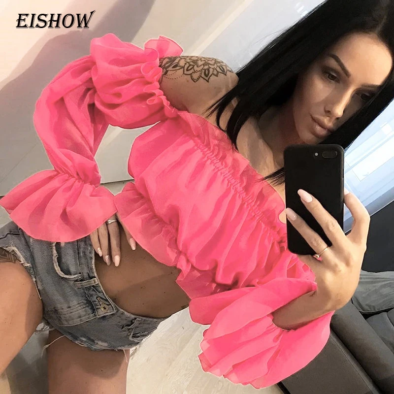 Женские модные футболки EISHOW с открытыми плечами неоновые зеленые женские поясом