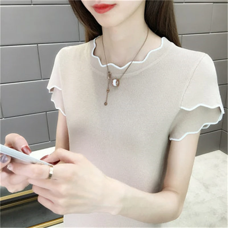 

Ice silk knit T-shirt Women Short-sleeved ruffled sweet Women Top 2020 Summer New Round neck college wind Slim T-shirt W055