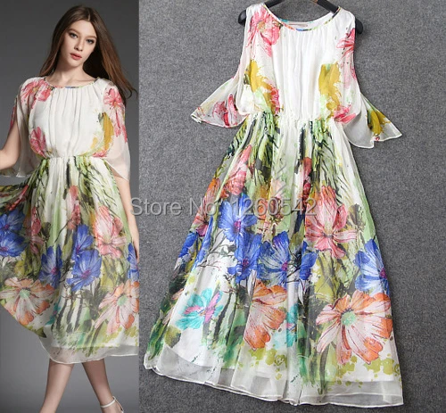 2015 summer top quality 100% silk sumptuous long dress fashion elegant print ladies formal party plus size | Женская одежда