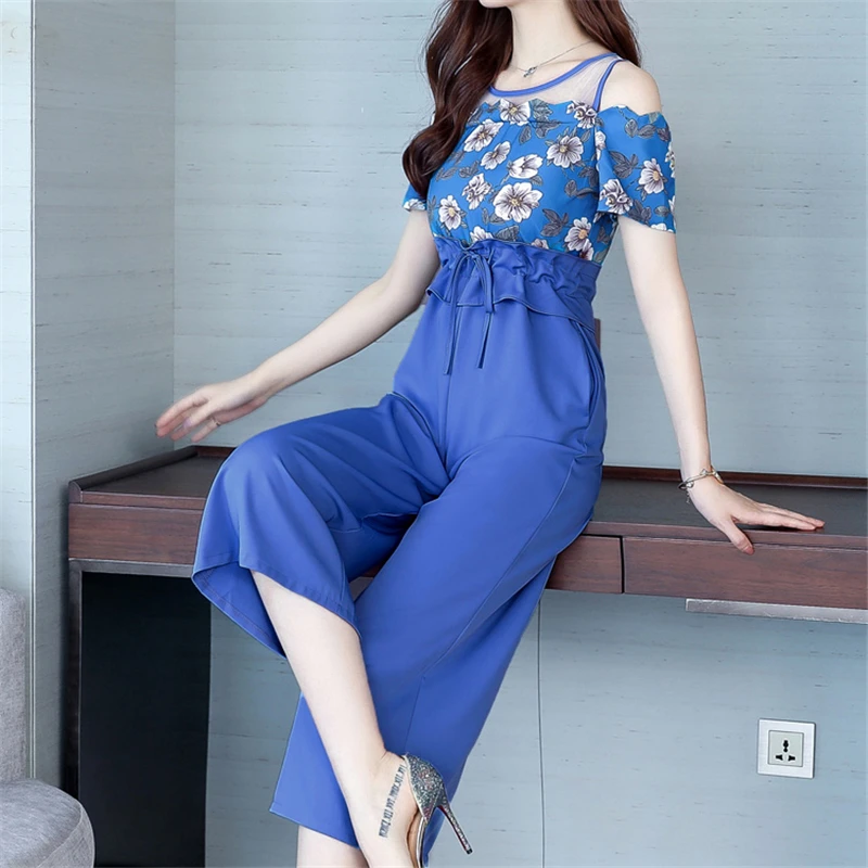 

Fashion off-the-shoulder jumpsuit Women 2020 Summer New floral Chiffon jumpsuit High waist Slim wide leg Pants Suit W023