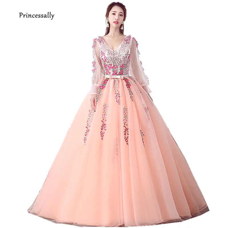 Vestido De Festa Longo новинка Персиковое розовое вечернее платье бальное с вышитыми