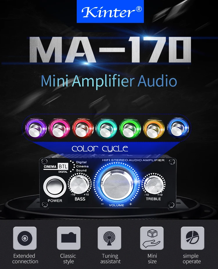 Kinter мини аудио усилитель для динамика 2 канала MA-170 домашние мотоциклетные Автомобильные усилители стерео звук DC12V кабель питания
