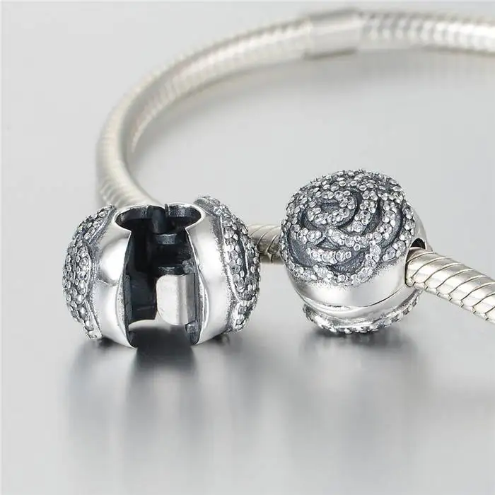 925-sterling-silver Pave CZ Mother's Day Rose Lock Clip Beads with AAA Cubic Zirconia Fits Pandora bracelets DIY Jewelry Making |