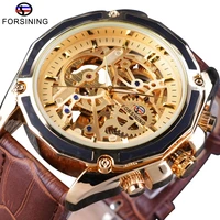 forsining transparent luxury gear steampunk open work brown genuine belt mens watch top brand luxury automatic skeleton watches