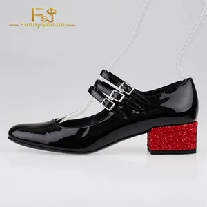 FSJ Retro Black Tri-Straps Mary Janes Red Glitter Block Heel Women Pumps Fashion Leather Work Date Dress Girl Shoes 2021 Autumn
